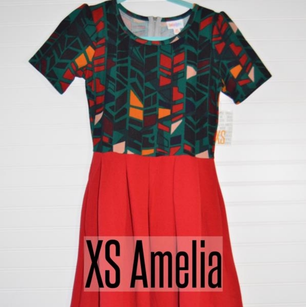 LuLaRoe Amelia Dress with Red and Green Geometric Pattern